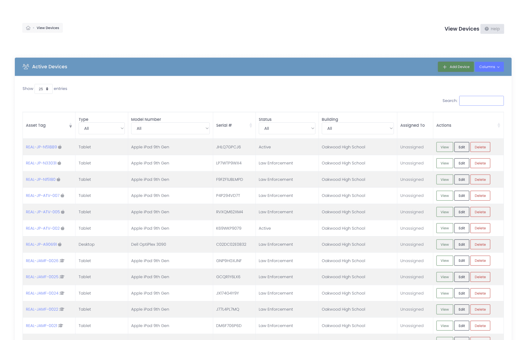 Devices list filtered to Chromebooks, showing status, asset tag, building, model, and MDM sync state per device