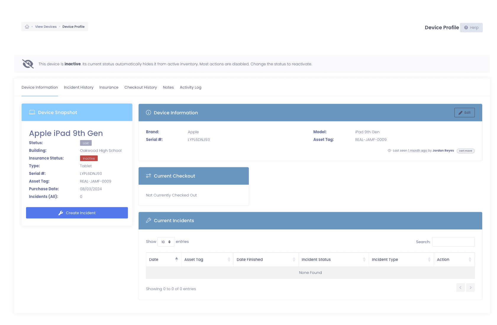 Device profile showing MDM sync data alongside checkout history, incidents, insurance status, and notes tabs for a single device