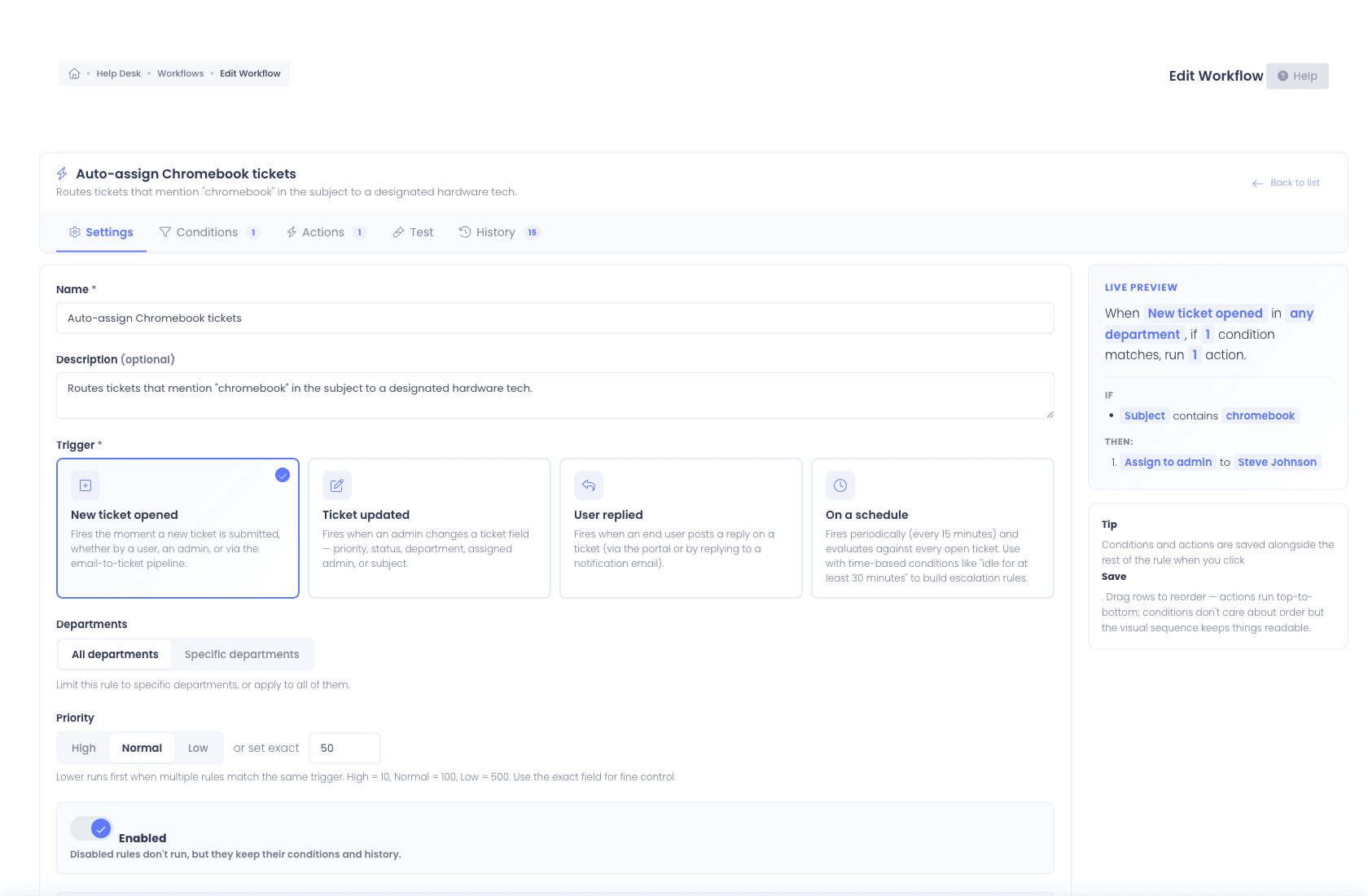 Workflow editor with visual condition builder, live preview, and rule library