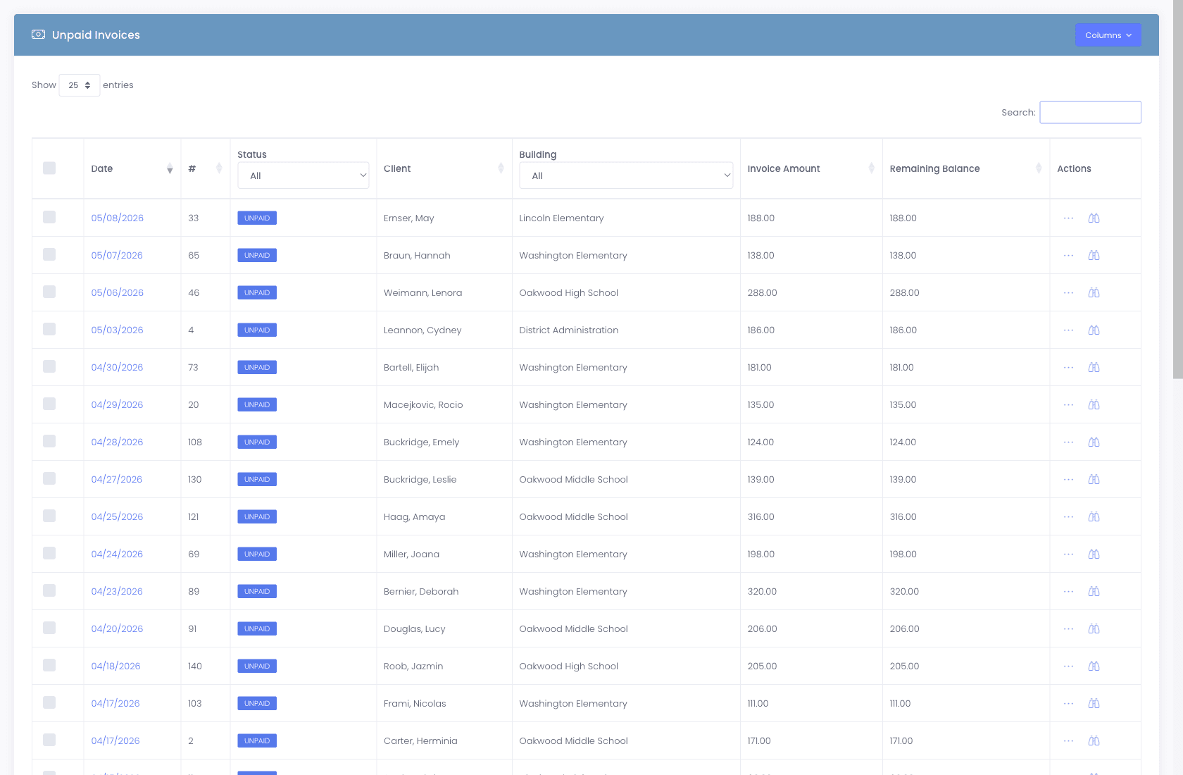 Unpaid Invoices table with date, status pills, client, building, invoice amount, and remaining balance, sortable and searchable
