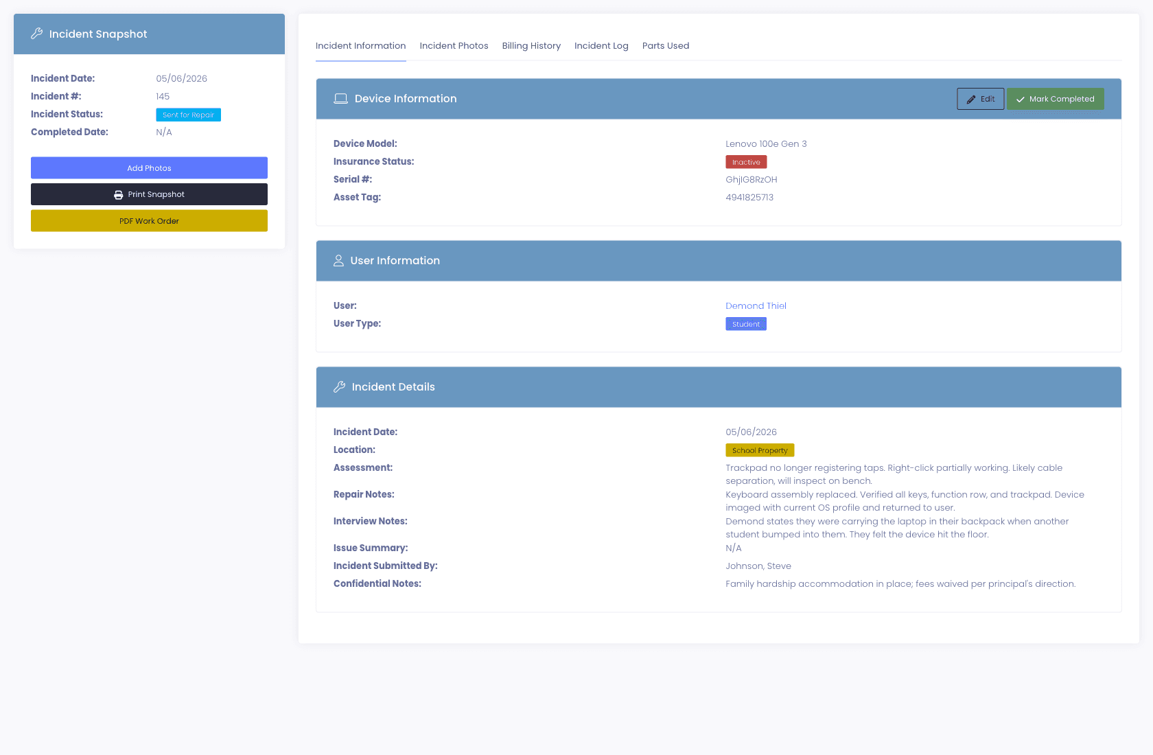 Incident profile view, Incident Snapshot card (date, status, completion), Device + User information panels, Incident Details with assessment, repair notes, interview notes, and confidential notes