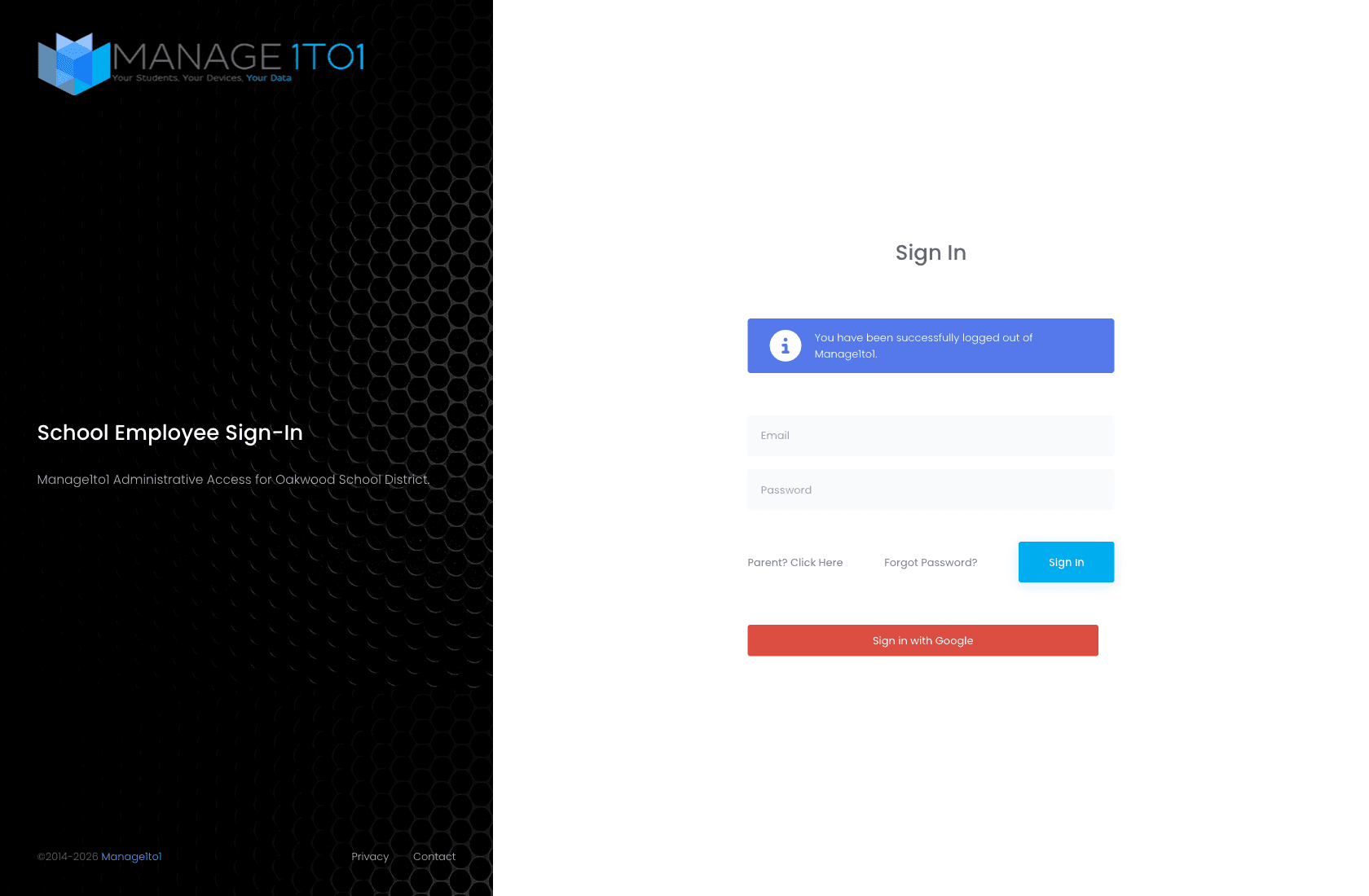 Manage1to1 sign-in page showing the email/password form alongside the Sign in with Google SSO button, branded for the district