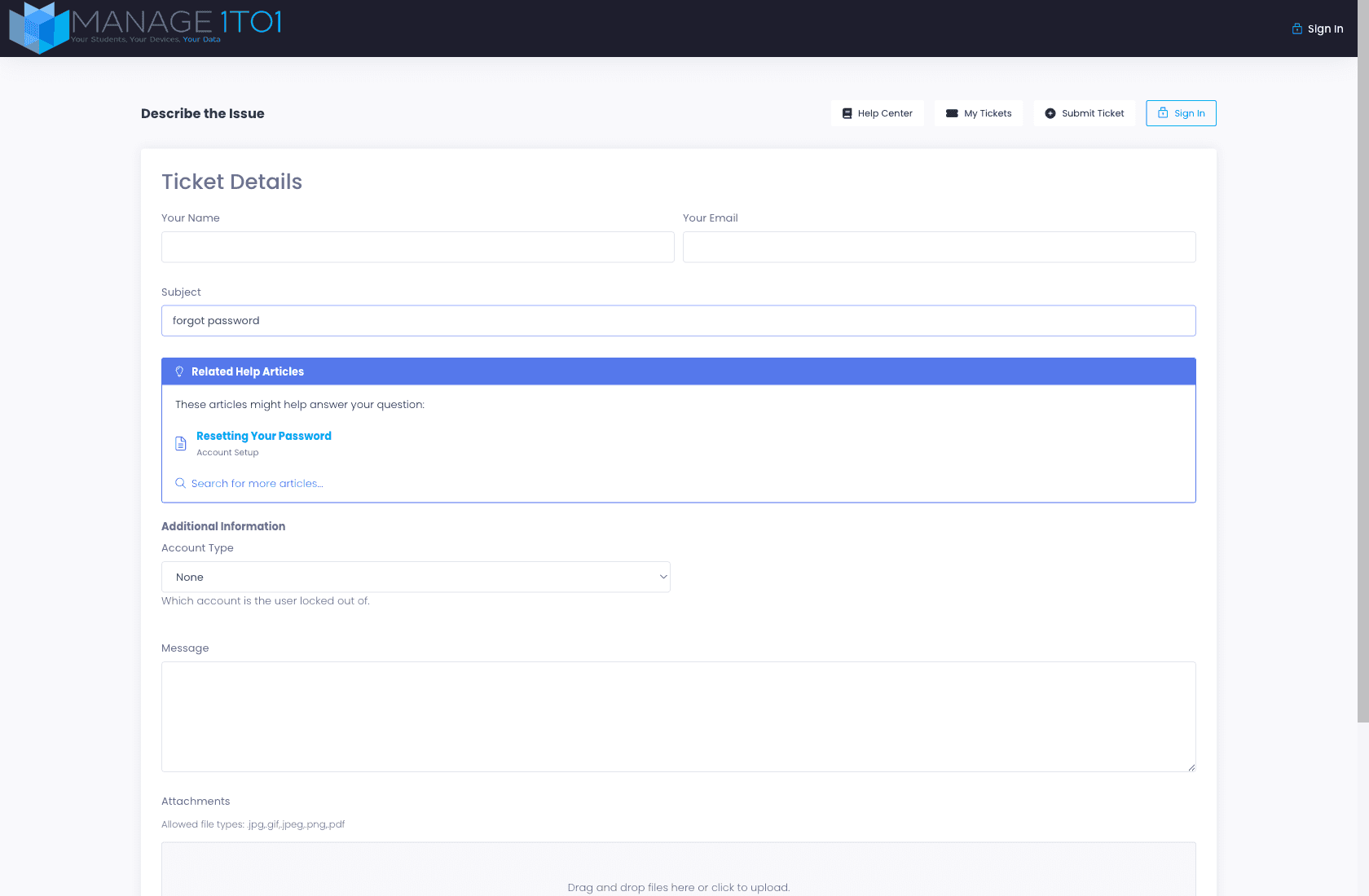 User-facing Submit Ticket form with Subject "forgot password" entered — a "Related Help Articles" cyan callout has appeared inline suggesting "Resetting Your Password" from Account Setup