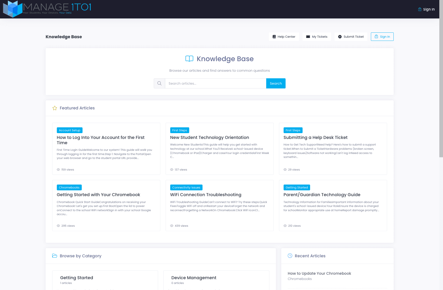 Branded Help Center showing the search bar, six Featured Articles in a grid (with category pills), Browse by Category section, and Recent Articles sidebar