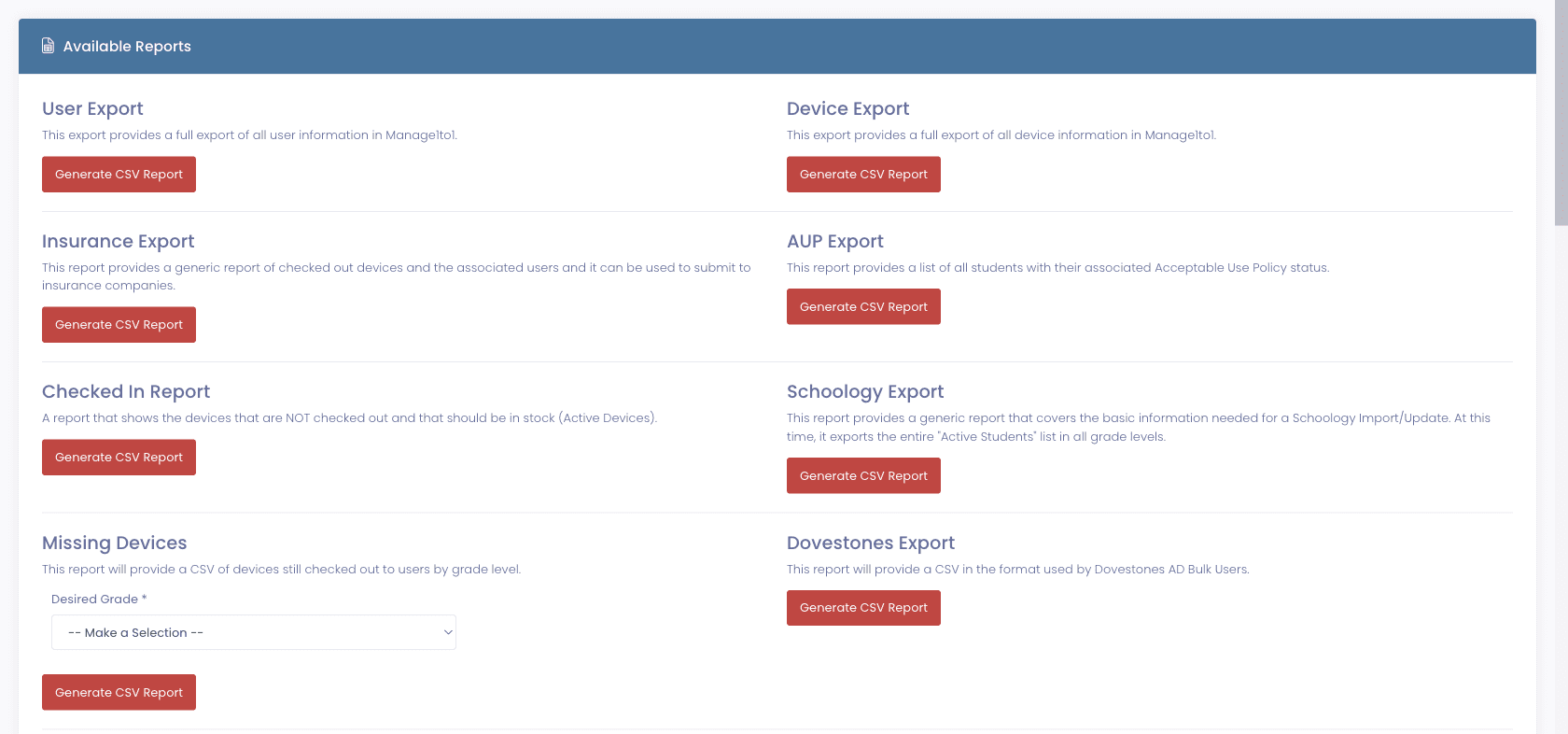 The Exports screen listing prebuilt CSV reports including User Export, Device Export, Insurance Export, AUP Export, Checked In Report, Schoology Export, Missing Devices by grade, and Dovestones Export