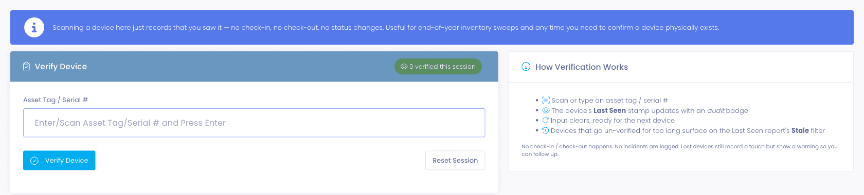 Rapid Verify screen with a live count of devices verified this session, an asset tag or serial input, and a panel explaining that verifying updates Last Seen without checking a device in or out