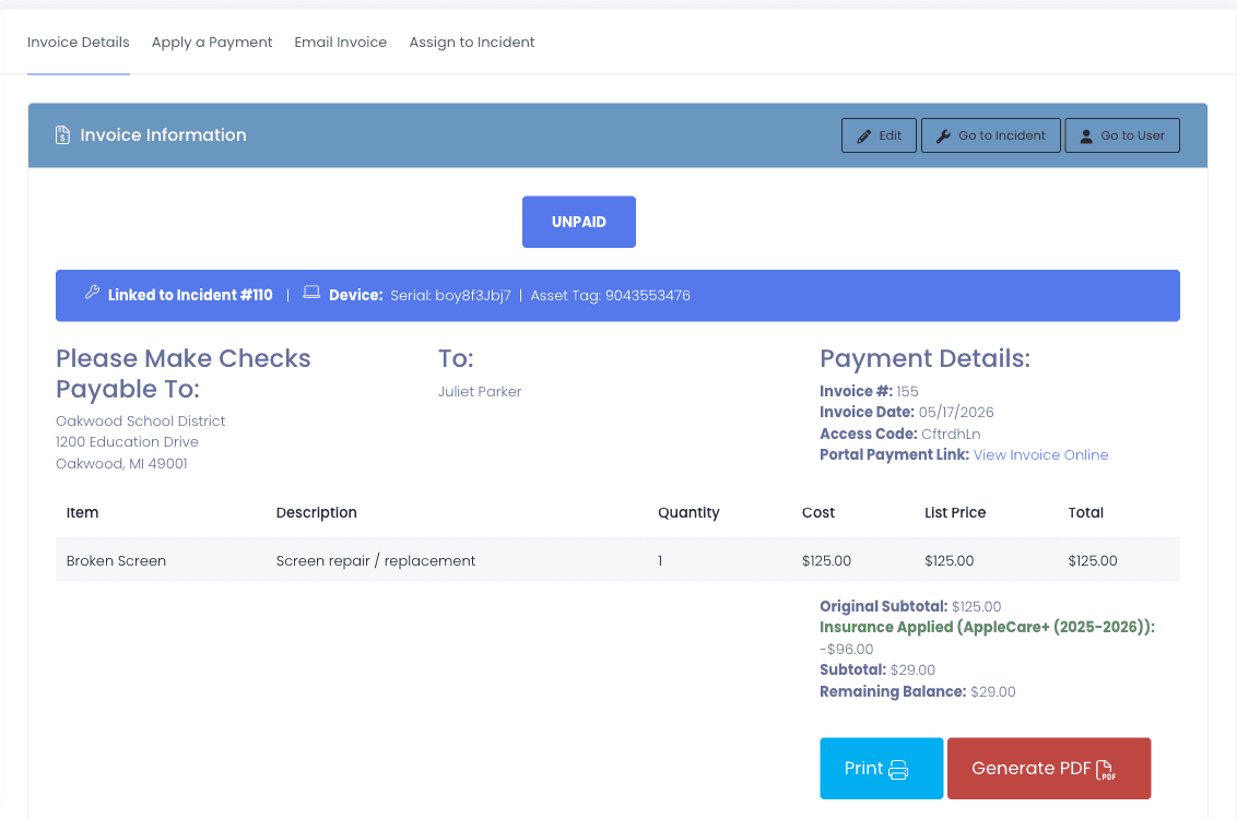 An invoice showing it is linked to a specific incident and device serial, with the damage line item, the insurance amount absorbed by the policy, and the remaining balance owed by the family