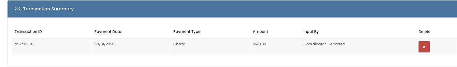 Transaction Summary on an invoice listing each payment with its transaction ID, payment date, payment type, amount, and the administrator who recorded it