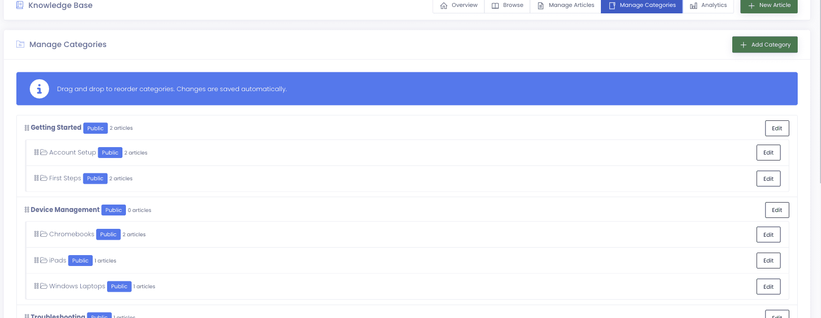 Knowledge base category manager showing a nested category tree with public visibility badges and per-category article counts, reorderable by drag and drop