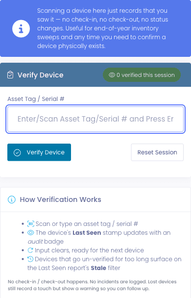 Rapid Verify on a phone-width screen, with an asset tag or serial input, a verified-this-session counter, Verify Device and Reset Session buttons, and a panel explaining that scanning records that you saw the device without checking it in or out