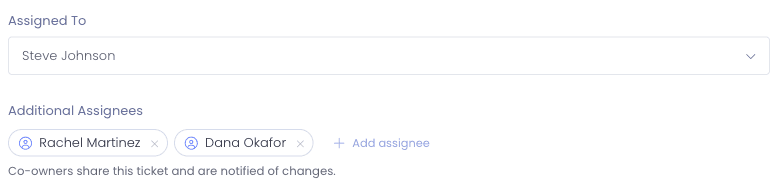 The ticket Options tab showing Steve Johnson in Assigned To as the primary owner, and an Additional Assignees row holding Rachel Martinez and Dana Okafor as removable co-owner chips beside an Add assignee button, with the note that co-owners share the ticket and are notified of changes
