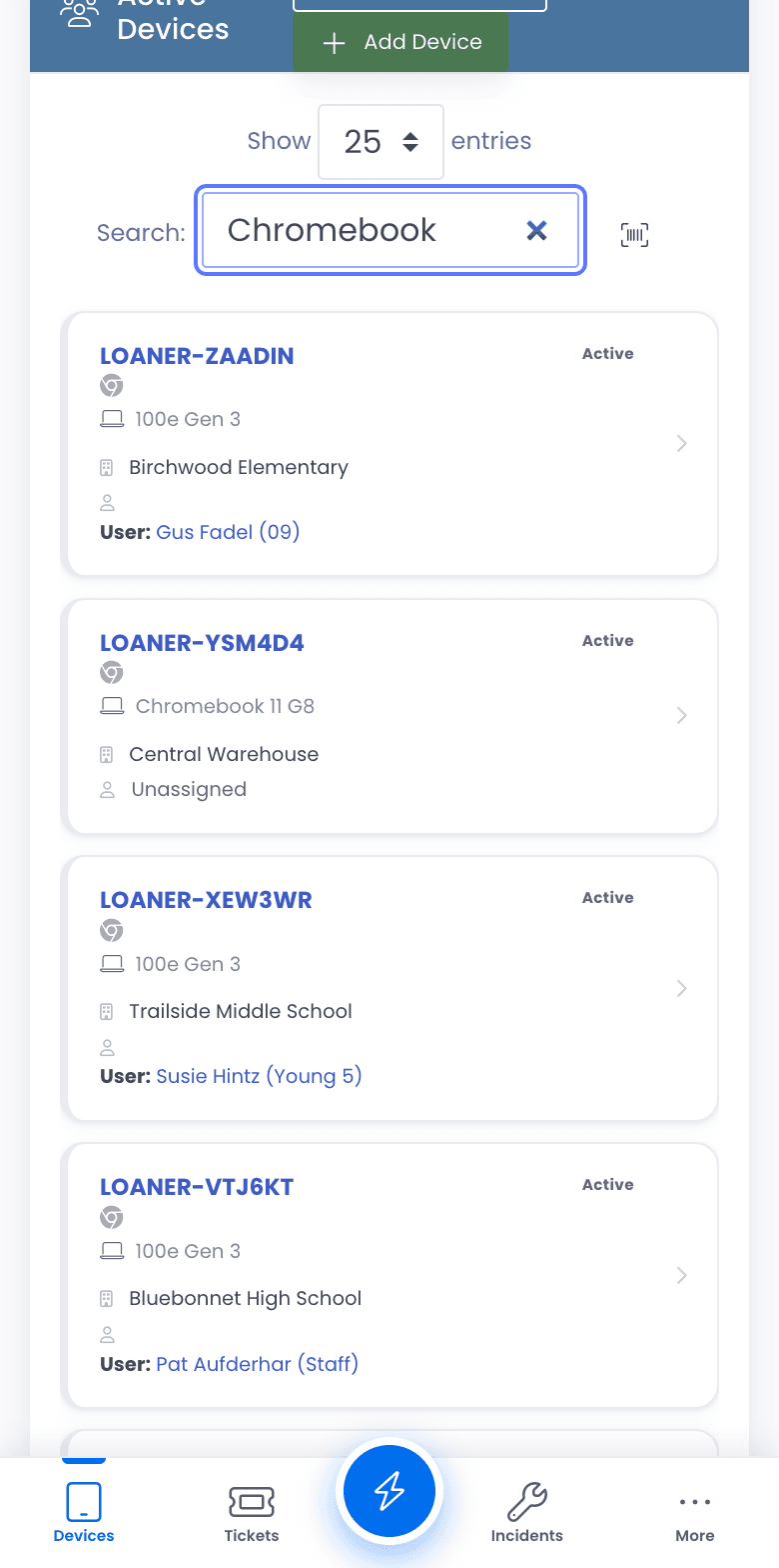 The device list on a phone, searched for Chromebook, with a barcode scan button beside the search box and each device shown as a card with its asset tag, model, building, assigned student, and status, above a bottom tab bar
