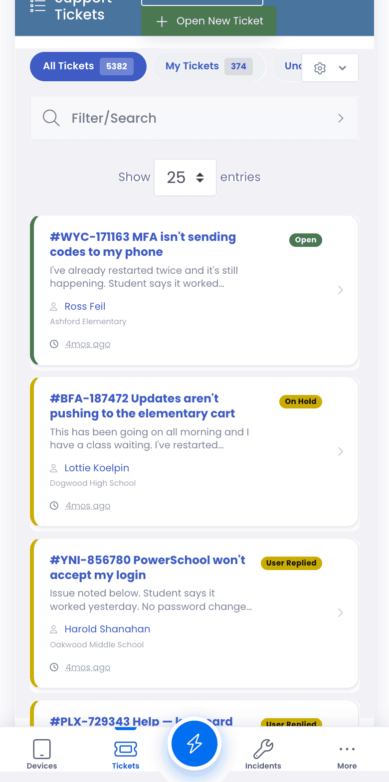 The ticket queue on a phone with All Tickets and My Tickets tabs, and tickets shown as cards with a colored status stripe, a status pill such as Open or On Hold, a preview of the problem, the requester, and their school